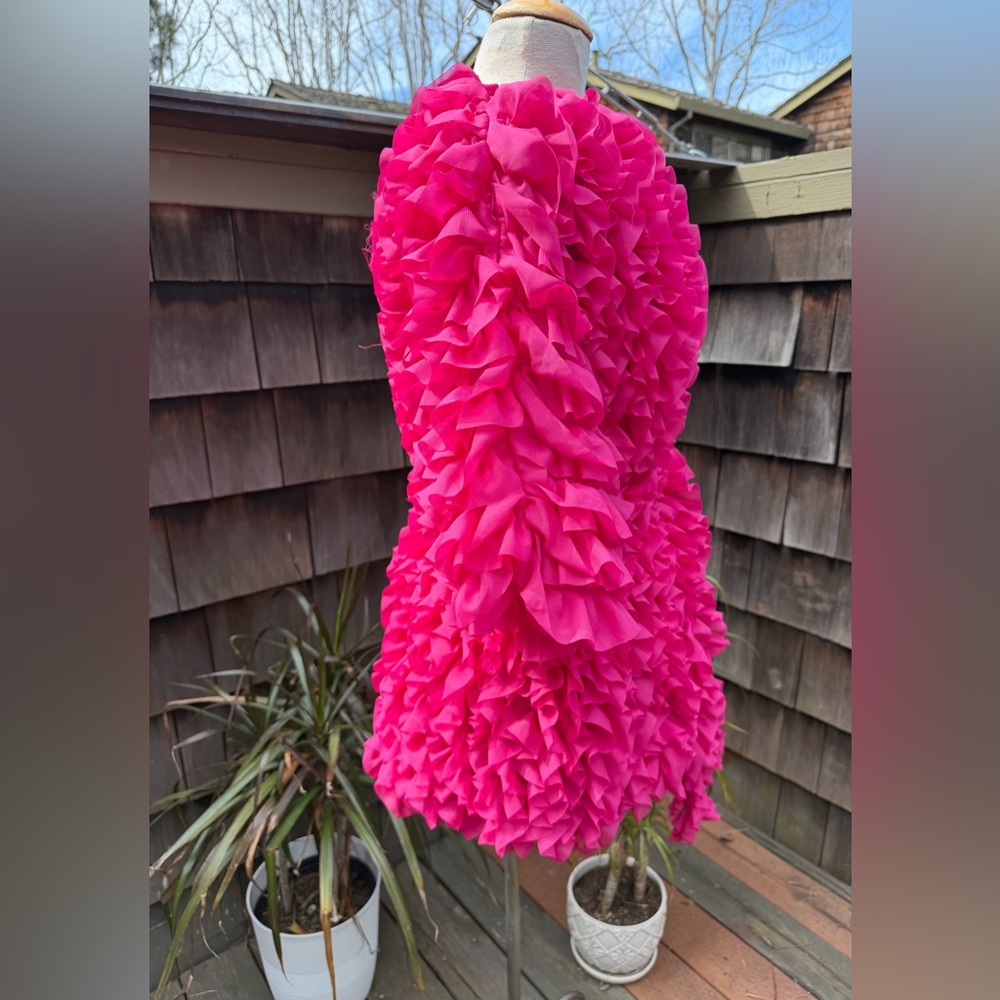 ZARA fuchsia pink ruffled knit coat jacket voluminous with tie Sz M. - Picture 3 of 10
